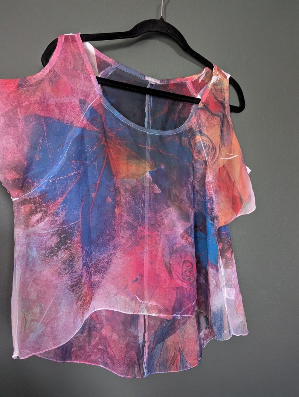 Charlotte Russe Sheer Cold-Shoulder Blouse With Pink and Blue Butterfly's 0065